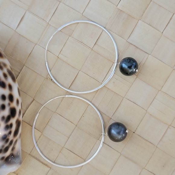 New Large Hoop Tahitian Pearl Earrings Sterling Silver - Picture 5 of 11